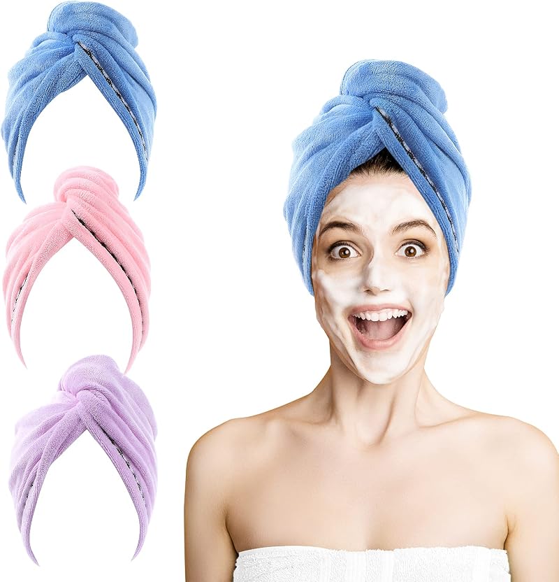 ROSSHINE 3 Pack Microfiber Hair Towel Turban 65x25 cm Anti Frizz Quick Dry
