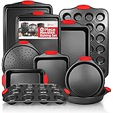 PERLLI Non-Stick 10-Piece Baking Pan Set, BPA-Free Carbon Steel Bakeware Set with Silicone Handles, Stackable Kitchen Oven Set, Cookie Sheet, Baking Tray, Baking Sheet Set, Oven Safe (446°F)