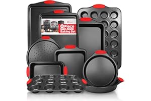 PERLLI Non-Stick 10-Piece Baking Pan Set, BPA-Free Carbon Steel Bakeware Set with Silicone Handles, Stackable Kitchen Oven Set, Cookie Sheet, Baking Tray, Baking Sheet Set, Oven Safe (446°F)