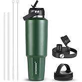 HYDROWION 40 oz Insulated Water Bottle, Car Water Bottle Holder - Double Wall Vacuum Insulated Travel Bottle with Straw Lid, Spout Lid and Flex Cap - Cold for 24H, Hot for 12H, Olive