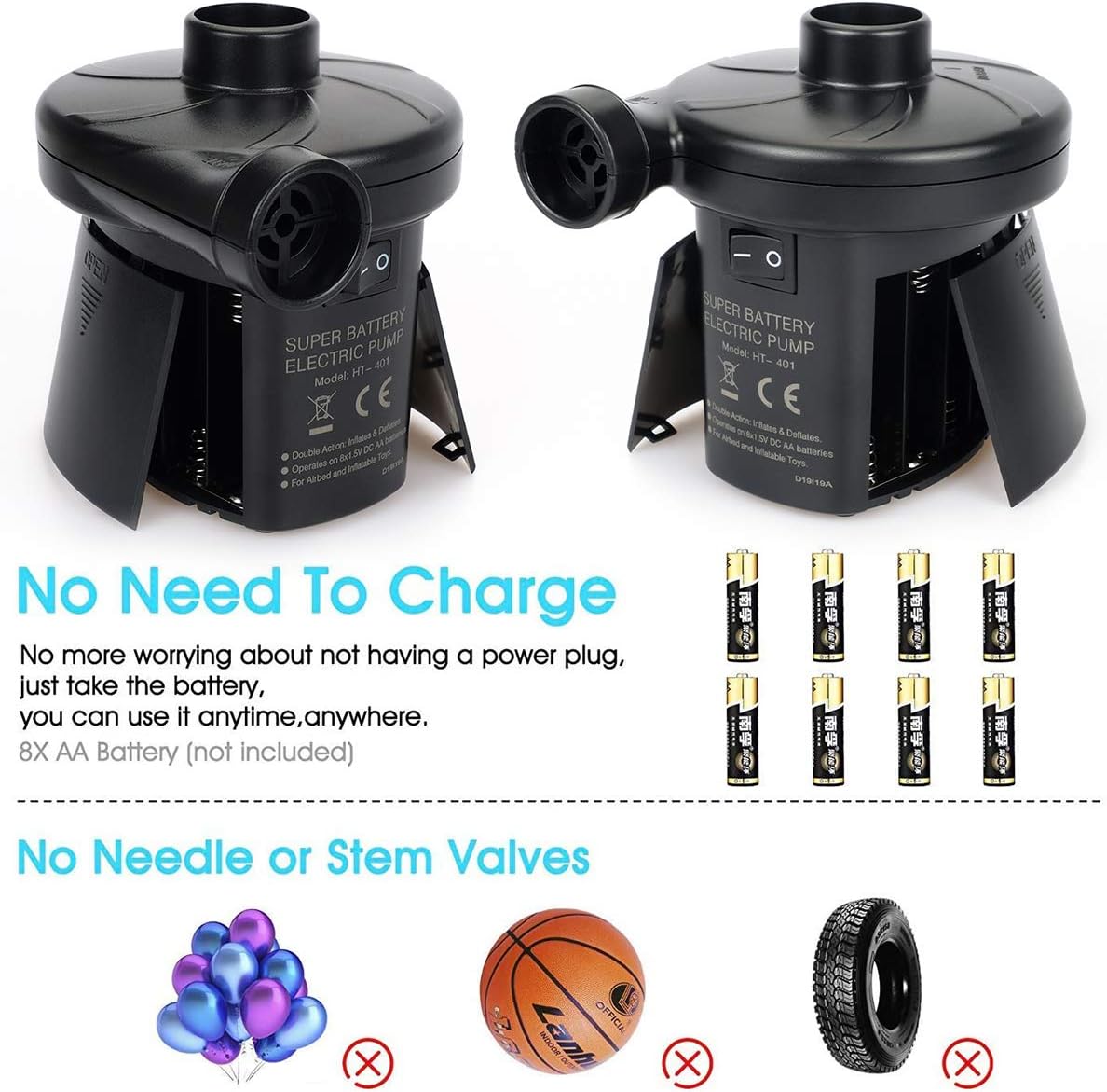 ELOKI Battery Powered Air Pump inflator/deflator, 3 Nozzle Adapters ...
