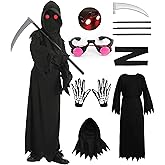 VYXIDEX Grim Reaper Costume for Kids Adults Halloween Scary Ghost Costume with Glowing Red Eyes Scythe Accessories Set
