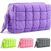 Puffer Quilted Makeup Bag Cosmetic Bags,Puffy Travel Toiletry Pouch for Women,Cute Checkered Zipper Bag Travel Essential,Portable Aesthetic Make up Organizer Bag for Gifts Work Daily(Purple,M)
