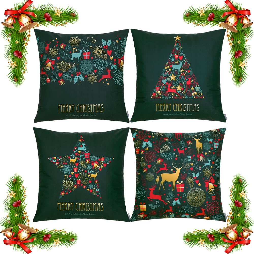 ORANIFUL Christmas Cushion Covers 45 x 45 Set of 4 Green Velvet Holiday Pillow Case for Sofa Couch Bedroom Xmas Decorations Throw Pillowcase 18x18 Inches (4pack-07)