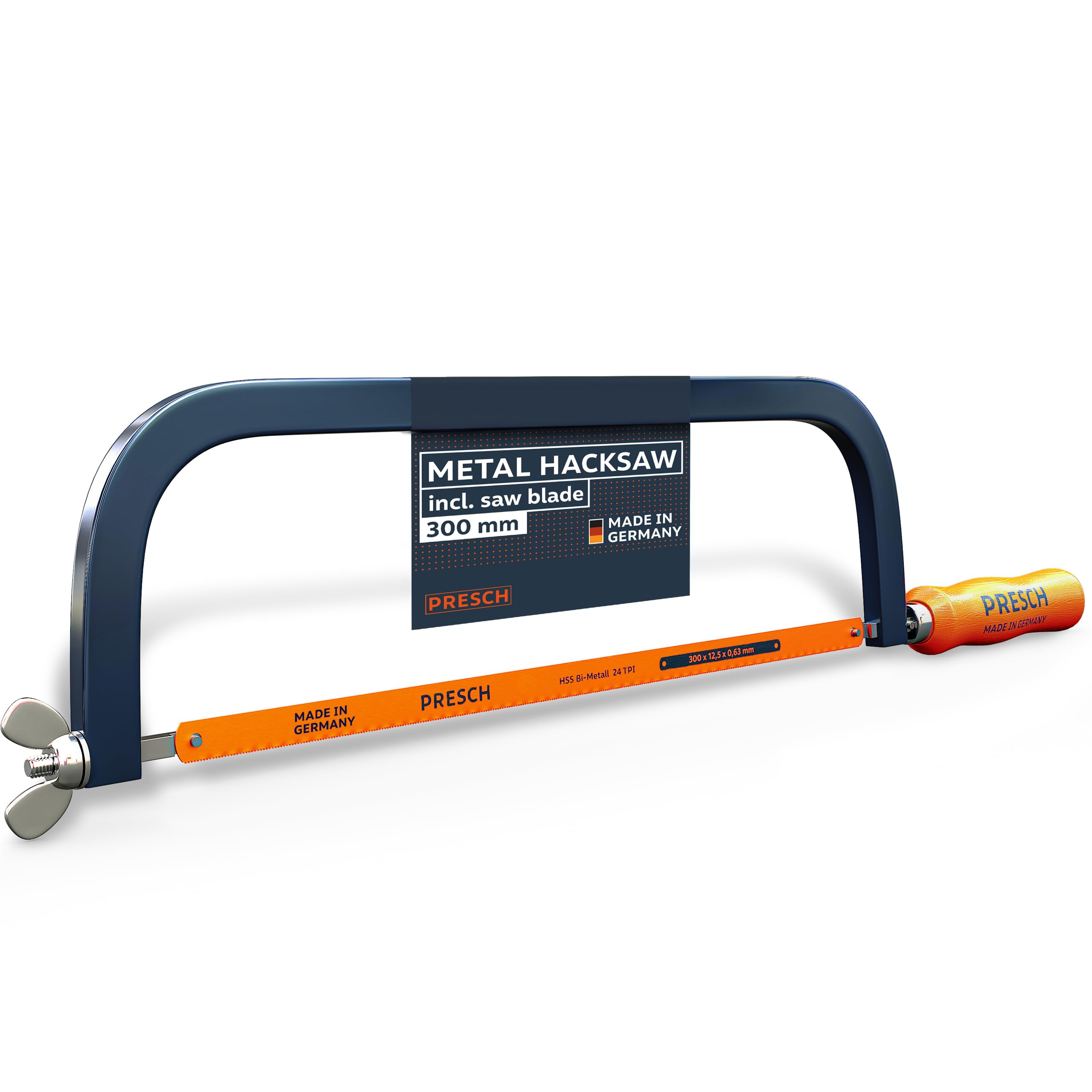 Presch Hacksaw 300mm - with BI-Metal Saw Edge for Precise Work - 90° Rotation of the Saw Edge for Horizontal & Vertical Sawing - Quick Change of Saw Edges - Metal Saw, Hand Saw for Metal Sawing