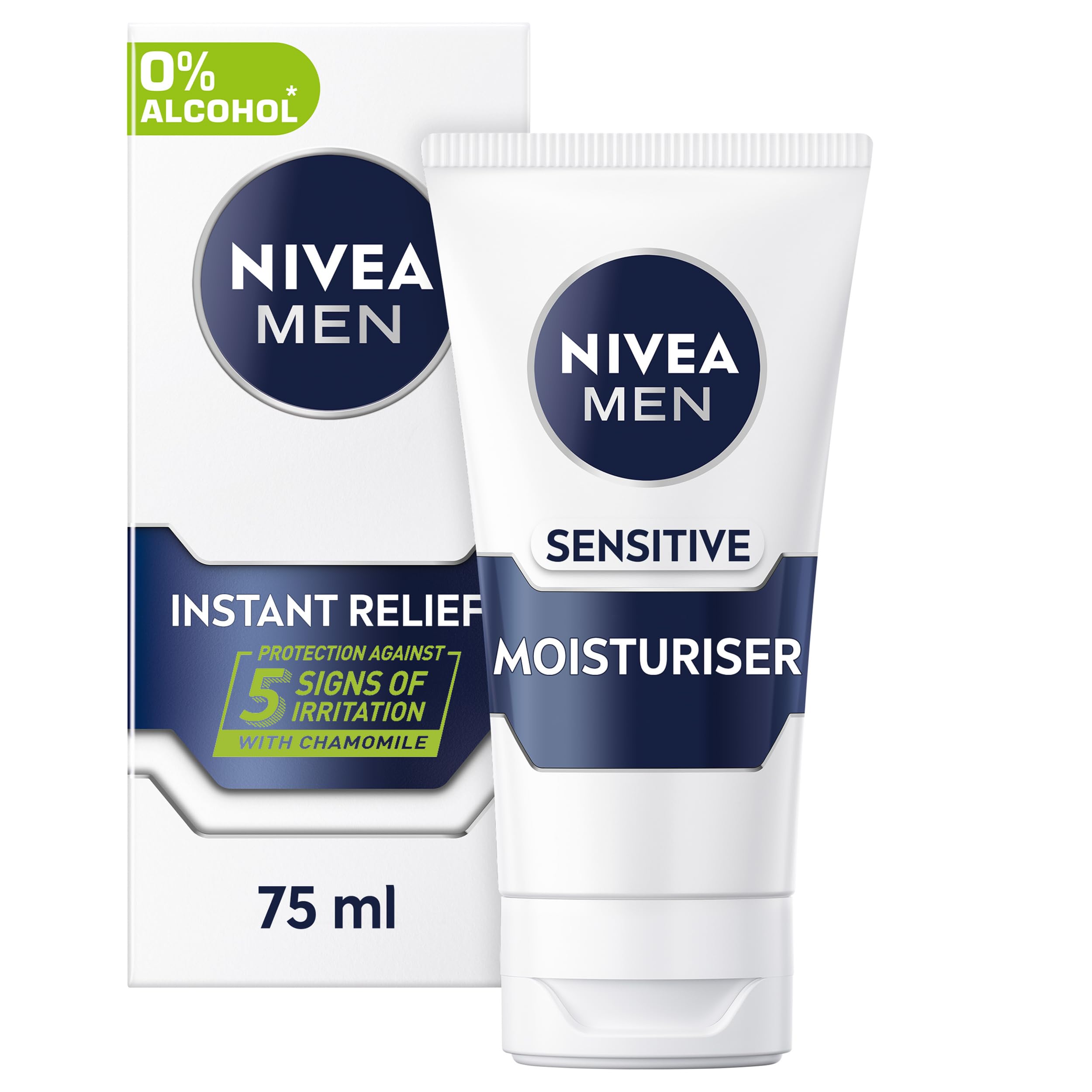NIVEA MEN Sensitive Moisturiser Tube (75ml), Hydrating Mens Moisturiser Face Cream with 0% Alcohol, Made for Sensitive Skin, Mens Skincare Essentials