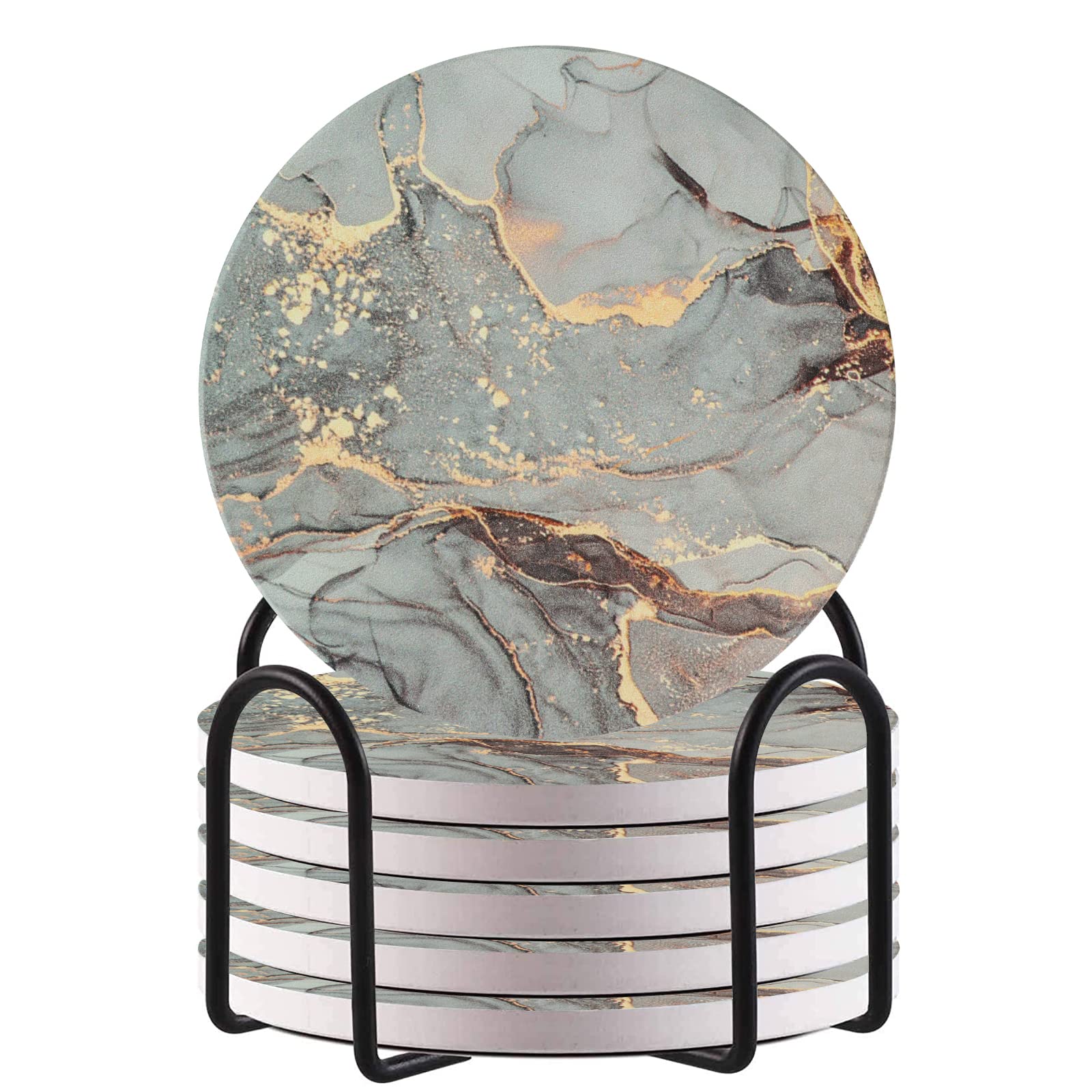 HAOCOO Drink Round Coasters with Holder (Set of 6), Absorbent Ceramic Coasters with Non-Slip & Scratch-Resistant Cork Base (Lilac grey)