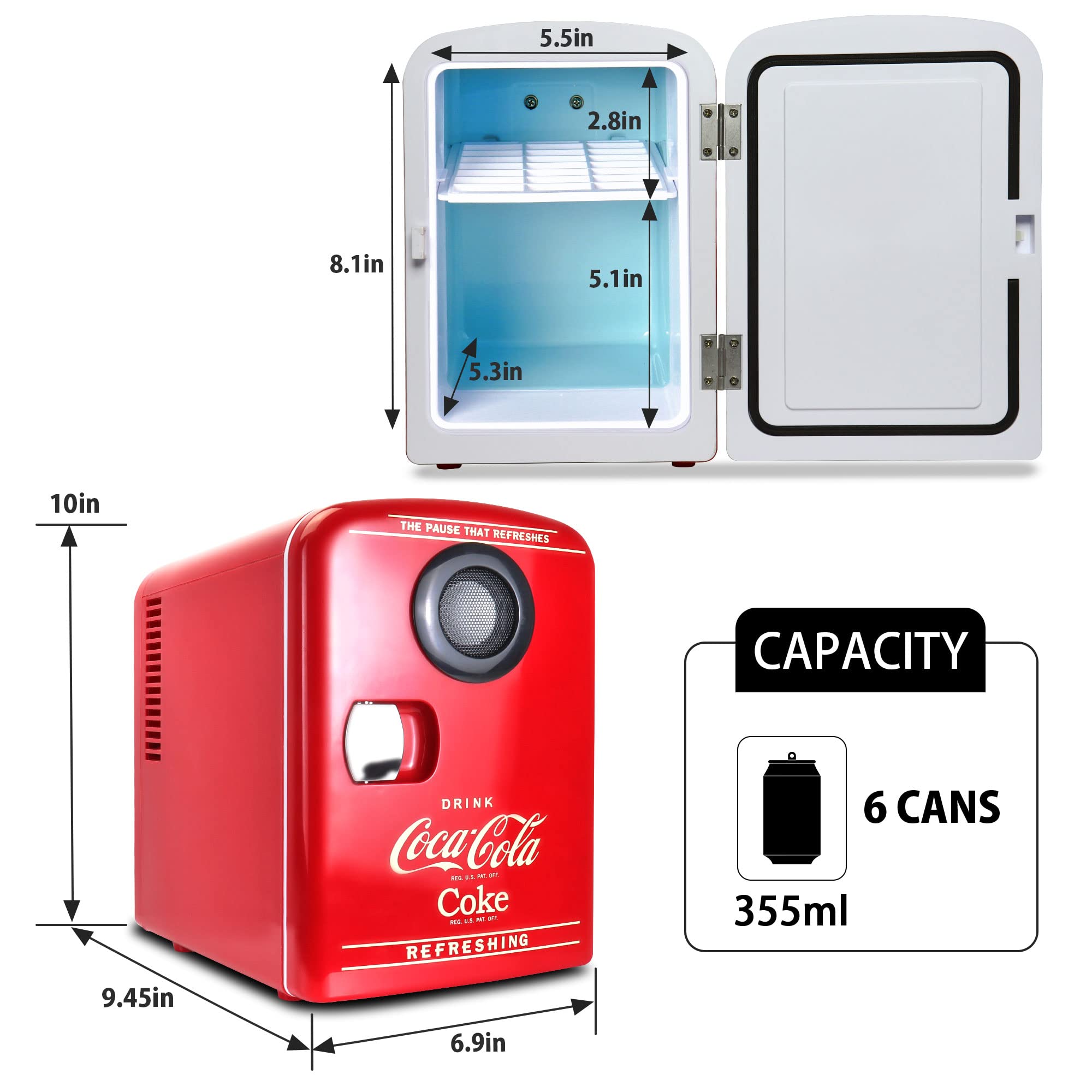 Koolatron Mini Fridge Bluetooth - Portable Small Cooler for Bedroom Office Makeup Compact Beverage Chiller for Drink Soda Wine Use In Car Dorm Patio 6 Can