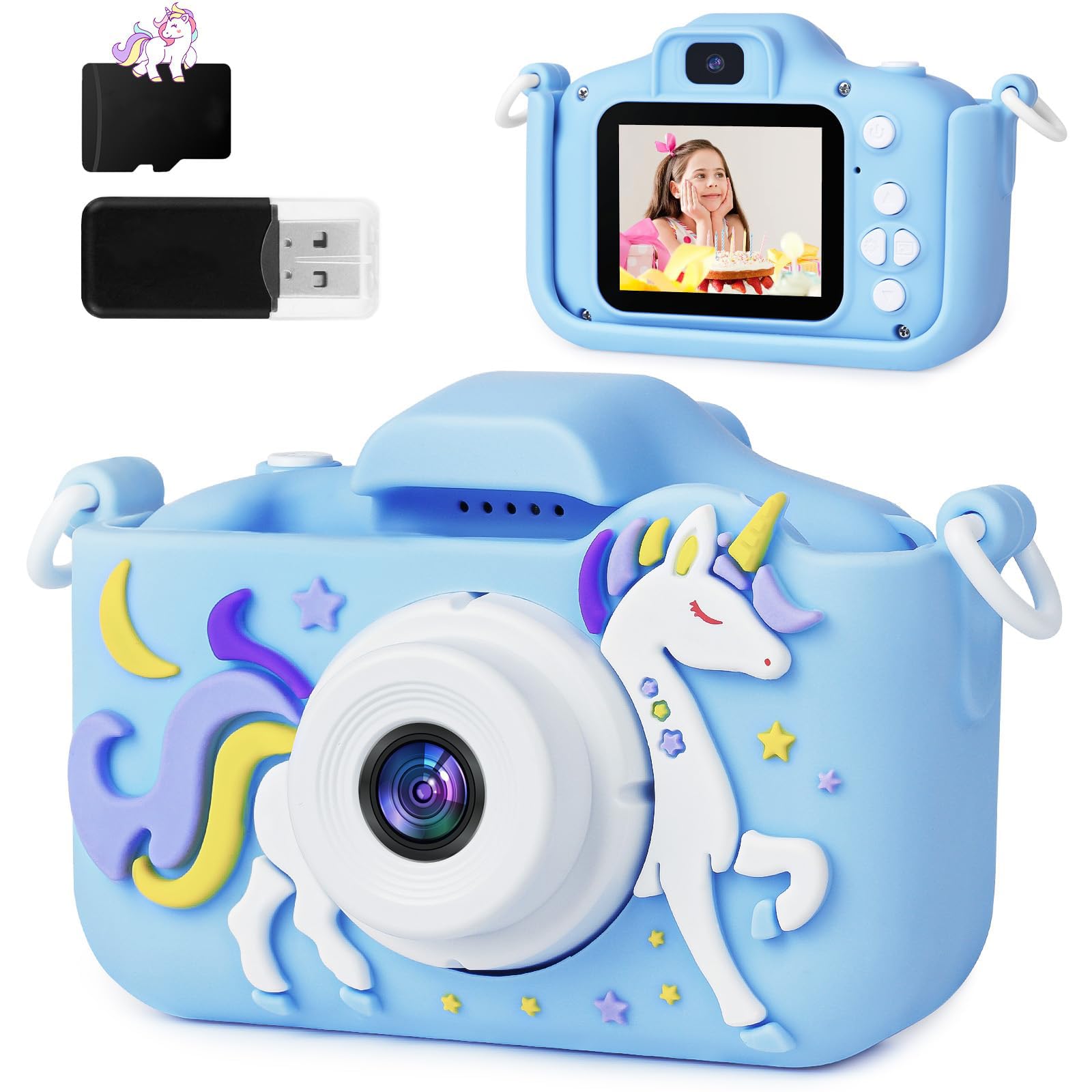 Ainiv Kids Camera - Unicorn Selfie Digital Camera for Girls, 1080P HD Video, 32GB SD Card/2 Inch IPS Screen, Shockproof for Kids Age 3-12 (Blue)