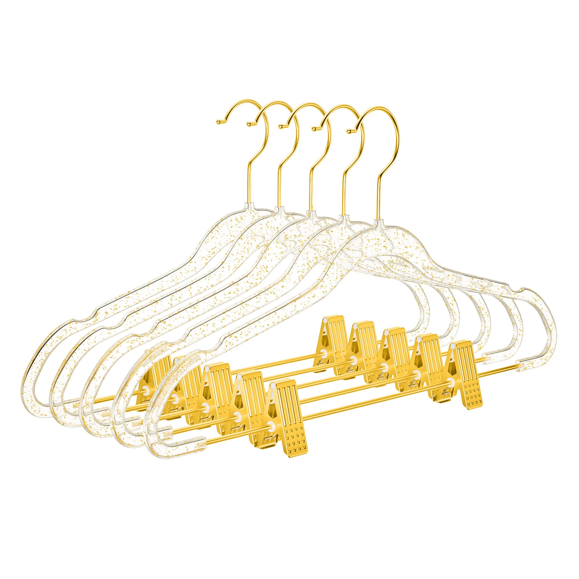 MIZGI Slim Gold Glitter Pants & Skirt Hangers (20 Pack) – Adjustable Gold Clips & Hooks, Transparent Non-Felt, Space-Saving for Dresses, Shirts, Blouses Image