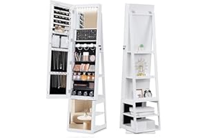 Hzuaneri 16 LEDs Jewelry Cabinet Armoire, 63"H Standing Jewelry Organizer with 360° Rotating Base, Lockable Full-length Mirro