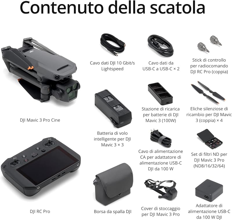 Mavic 3 Pro Cine con DJI RC Pro (schermo ad alta luminosità), drone con tripla fotocamera, supporto per Apple ProRes con memoria interna di 1TB. 3 Batterie di volo intelligenti e altro ancora