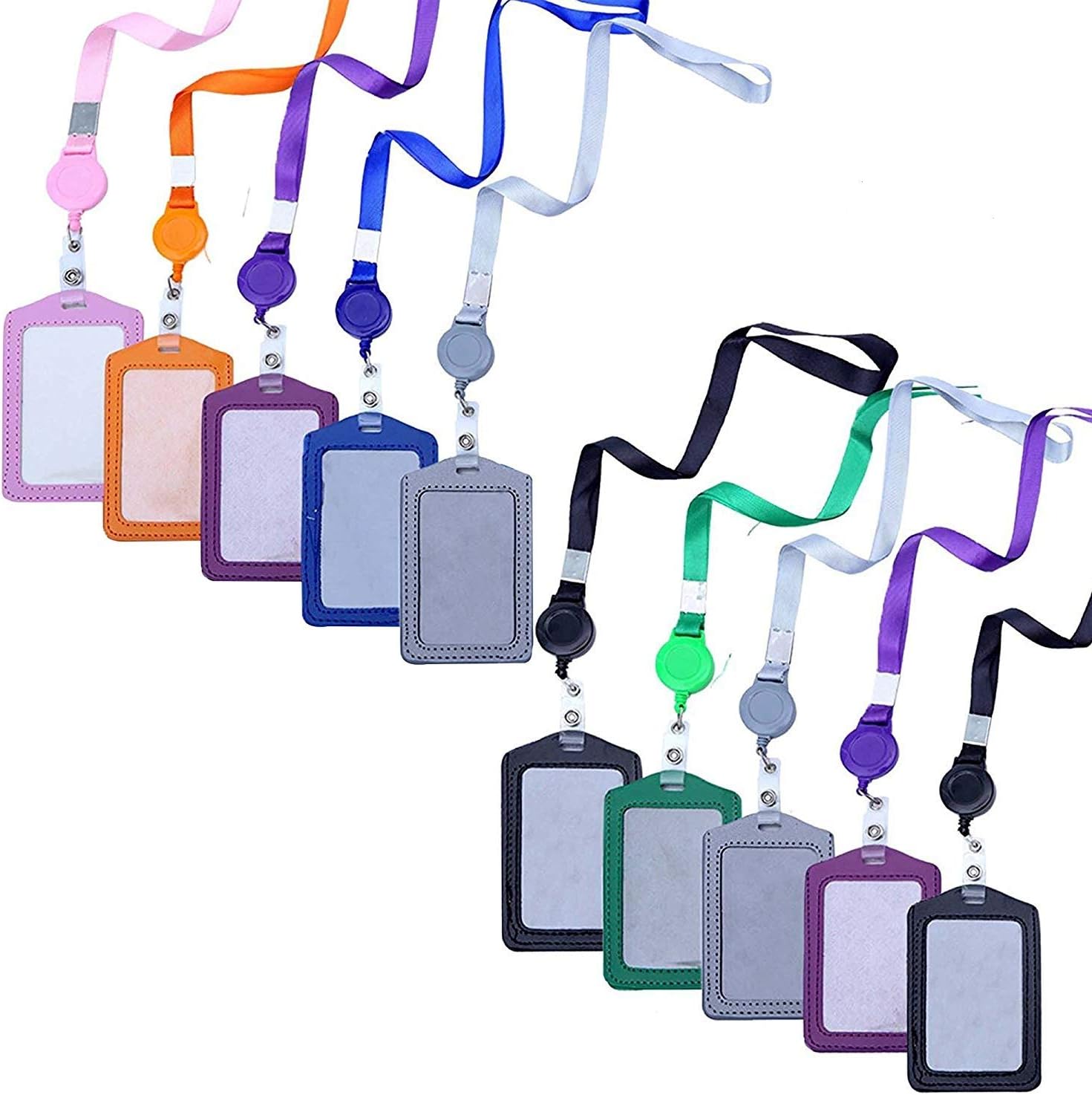 HEHALI 10 pcs Business ID Badge Card Holder with Retractable Lanyard Neck Strap Band, Vertical Style Leather Business Card Holder, 7 Different Colors