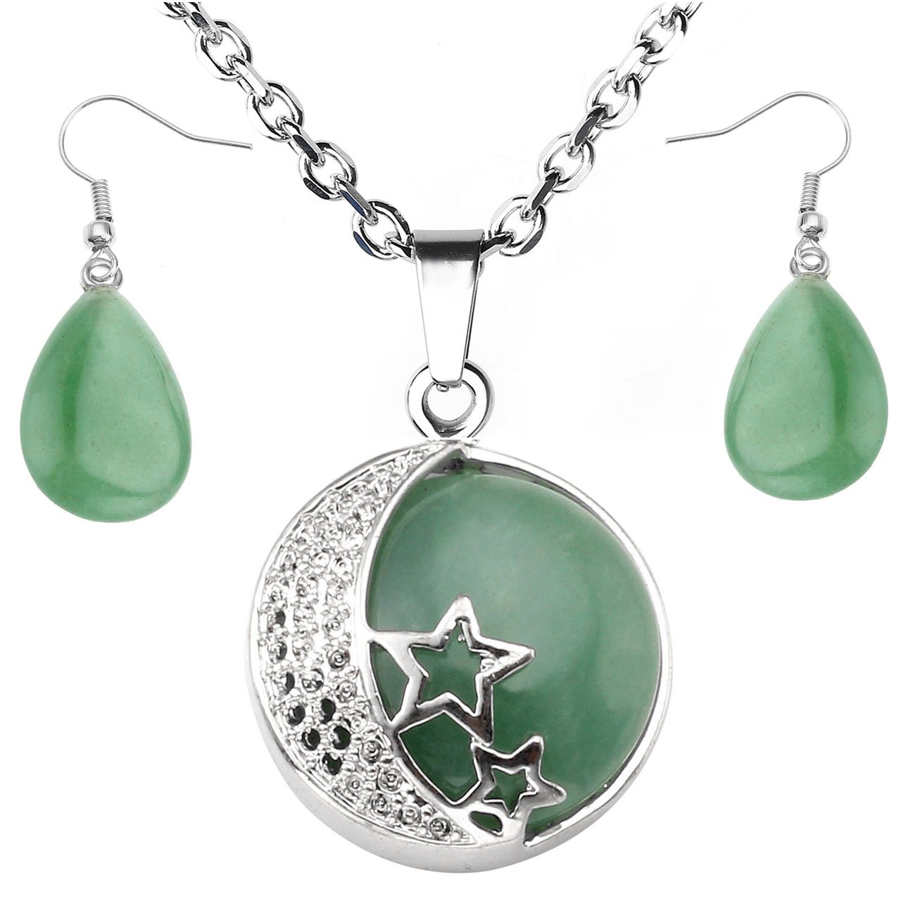 JOVIVI Schmuck-Set,Edelstahl Aventurin Stein Halbmond Stern Anhänger Platt Tropfen Ohrringe Schmuckset Geschenk