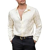 Vssjavun Mens Satin Dress Shirts Long Sleeve Silk Shirt Shiny Luxury Button Up Floral Shirt Party Prom Wedding Shirts