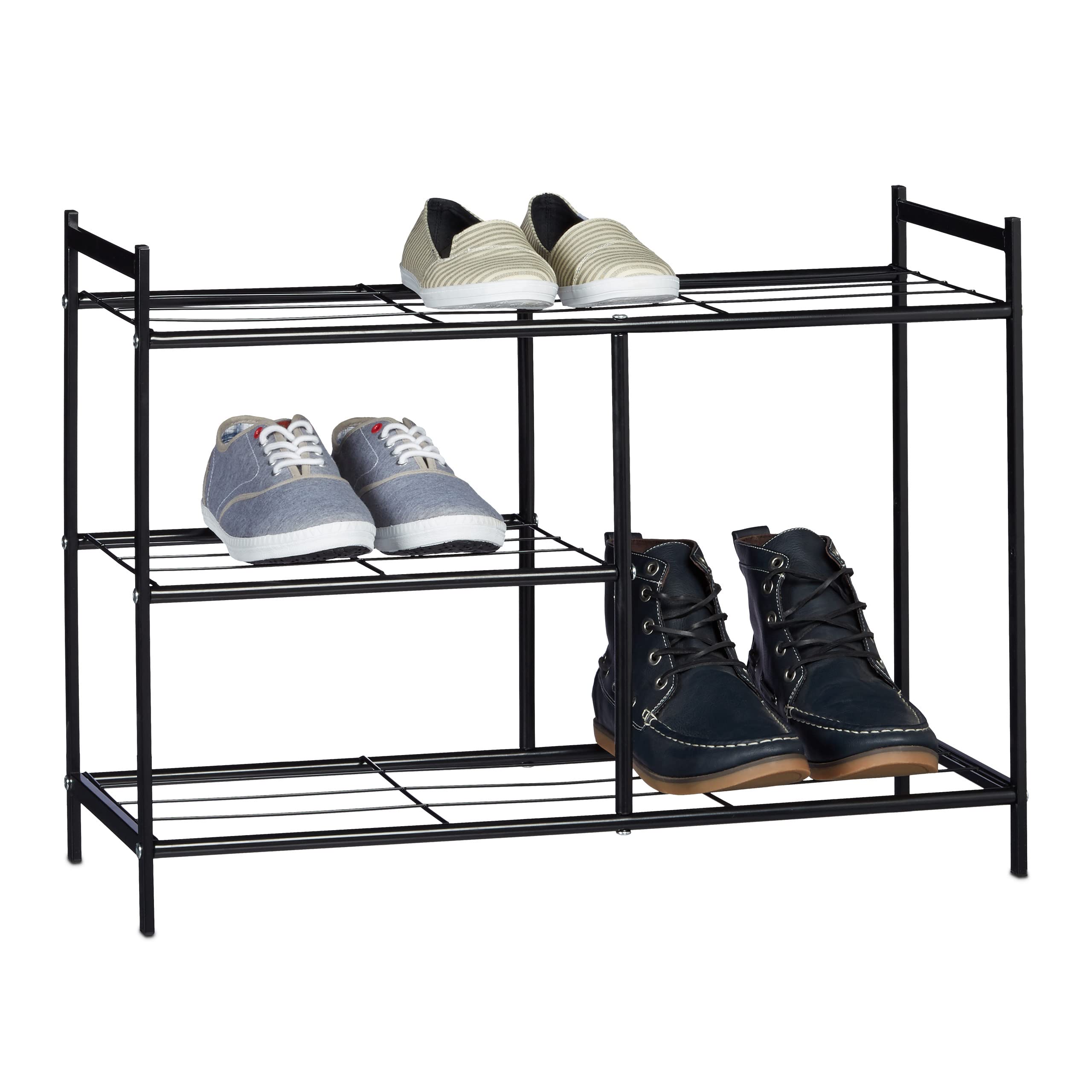 Relaxdays Shoe Rack SANDRA with 3 Shelves, Metal Shoe Storage with Boot Shelf, Size: 50.5 x 70 x 26 cm, for 8 Pairs of Shoes, with Handles, Black