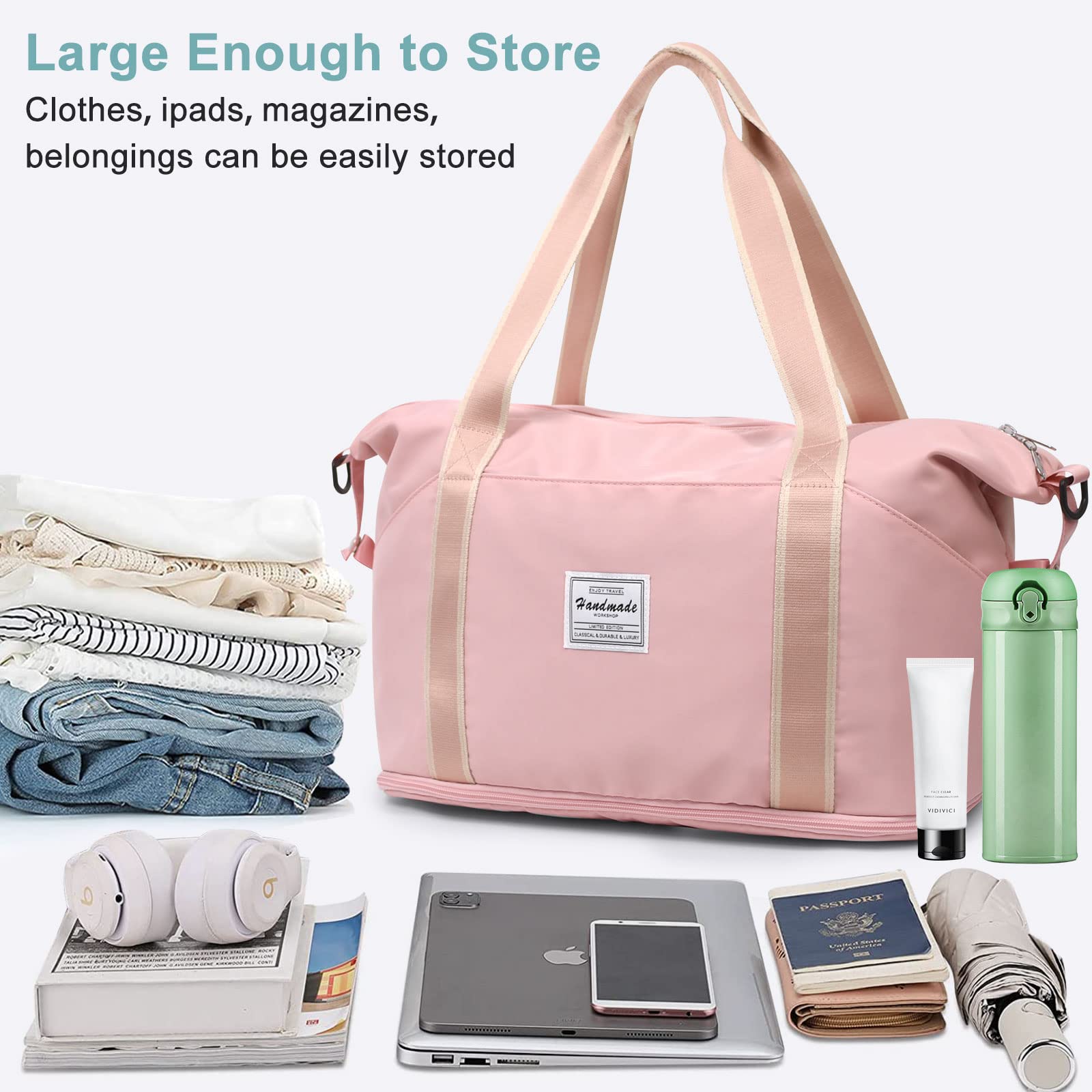 DMLuna Travel Duffel Bag, Tote Sports Gym Bag, Shoulder Overnight Weekender Bag for Women & Men, Hospital bag, Expandable Duffel Bag with Trolley Sleeve/Wet Pocket