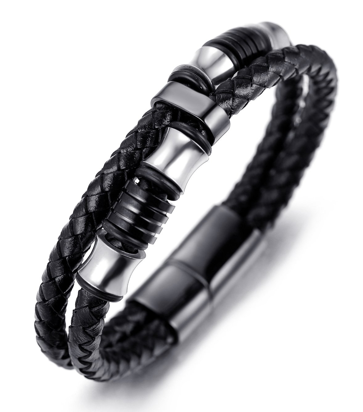 HALUKAKAH ● Shadow ● Men's Genuine Leather Bracelet with Titanium Beads Gun Black & Silver 8.46"(21.5cm) with Free Giftbox — image 1