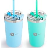 PopYum 13oz Insulated Stainless Steel Kids' Cups, Blue, Green, 2-Pack | Stackable, With Lid and Straw, Double Wall Vacuum, Leak Proof, Sippy Tumbler