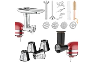 AKIOSK Meat Grinder & Slicer Shredder Attachments for KitchenAid Stand Mixer, Meat Grinder with 2 Size Sausage Stuffer Tubesand and 4 Types Slicer Shredder Combination Set for Mincing Meat/Chopping Food