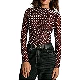 Milumia Women's Mock Neck Polka Dots Top Elegant Long Sleeve Mesh Ruched Fitted Tops