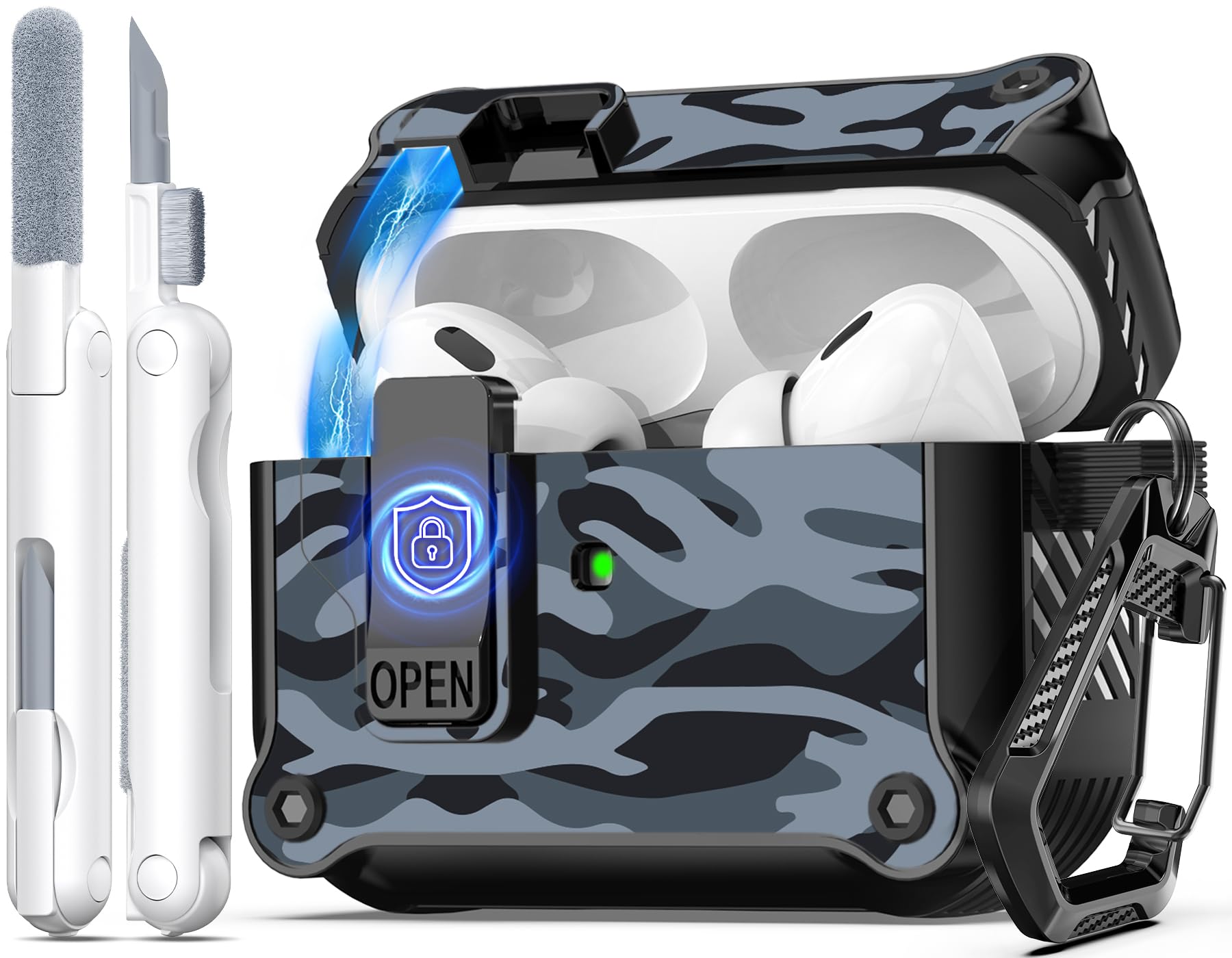 R-FUN for AirPods Pro 2 Case with Lock Magnetic Lid, Camouflage Black