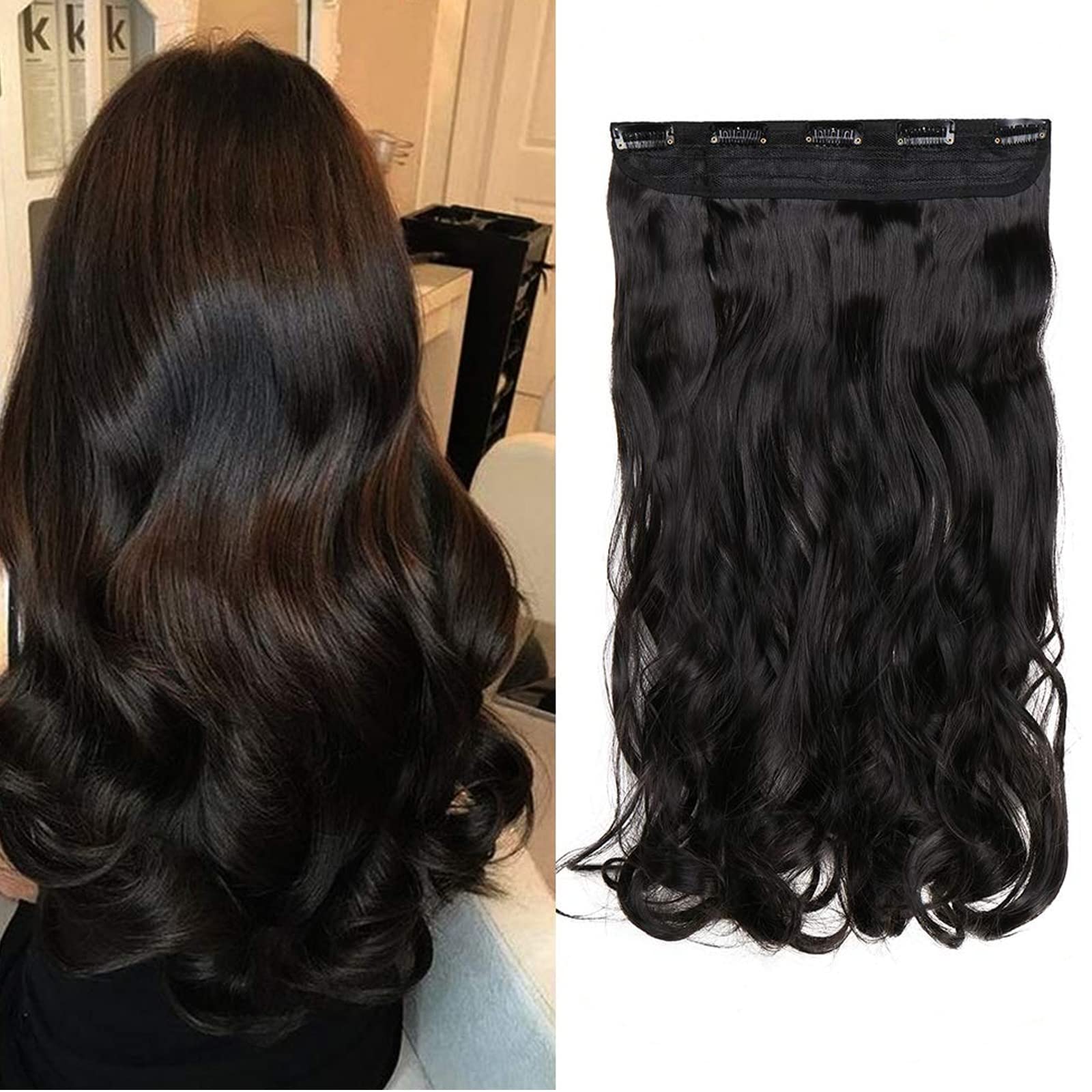 Silk-co 17inch Clip In Hair Extensions Curly 3/4 Full Head One Piece 5 Clips Hairpieces Wavy Synthetic - Black Brown