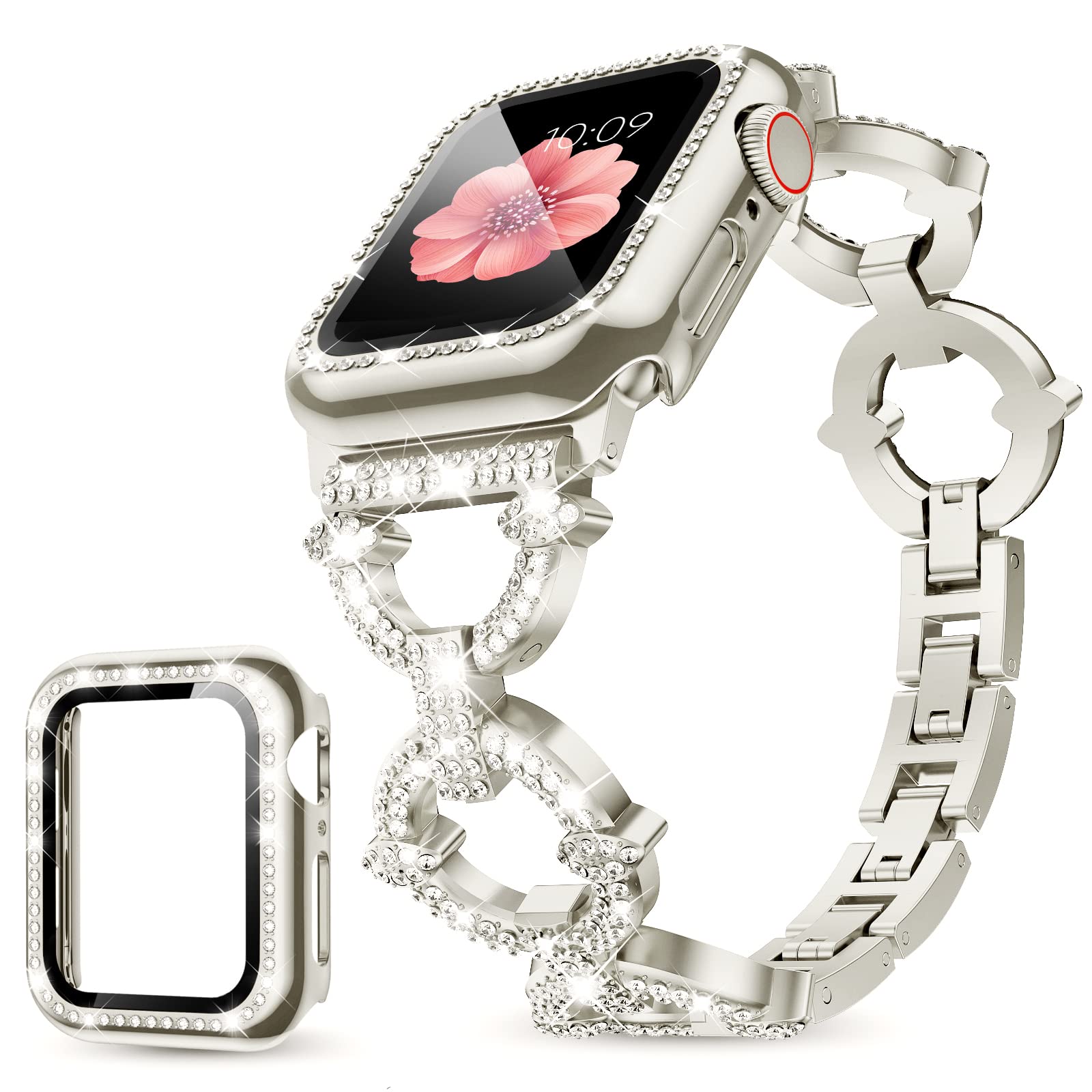 Photo 1 of Mesime Compatible with Apple Watch Band 38mm 40mm 41mm 42mm 44mm 45mm , Women Girl Bling Diamond Jewelry Metal Strap Bands with Crystal Tempered Glass Screen Protector Case, Round Shiny Bracelet