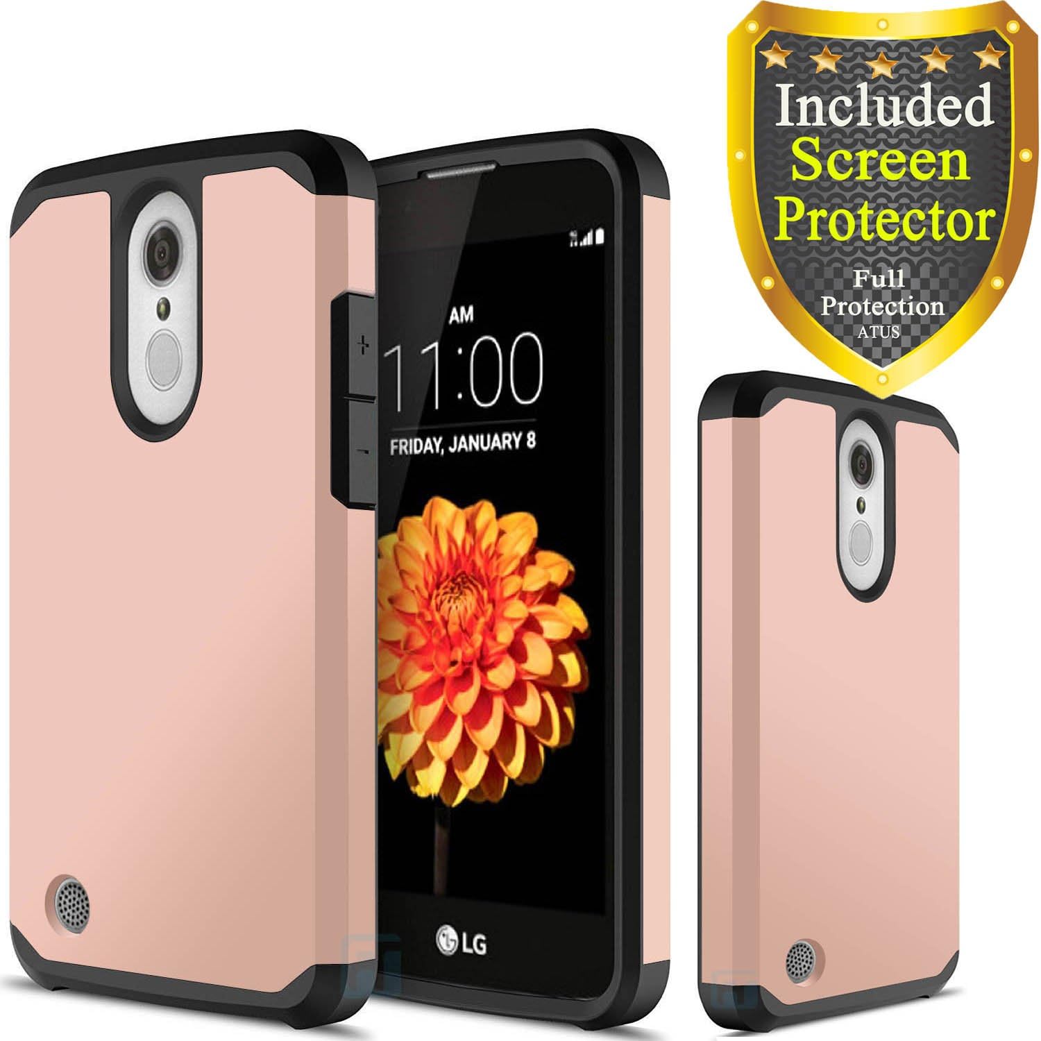 LG Aristo 3/ Tribute Empire/Aristo 2/Aristo 2 Plus/Zone 4/Tribute Dynasty/Phoenix 3/Fortune 2/Risio 2 Case, with HD Screen Protector, ATUS Hybrid Dual Layer Protective Case (Rose Gold)