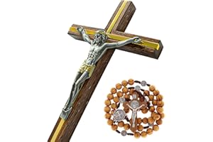 GFRGFH Crucifix Wall Cross, Handmade Catholic Crosses with Wooden Rosary, Wood Crucifix for Wall, Jesus Christian Wall Hanging Cross 10 Inch