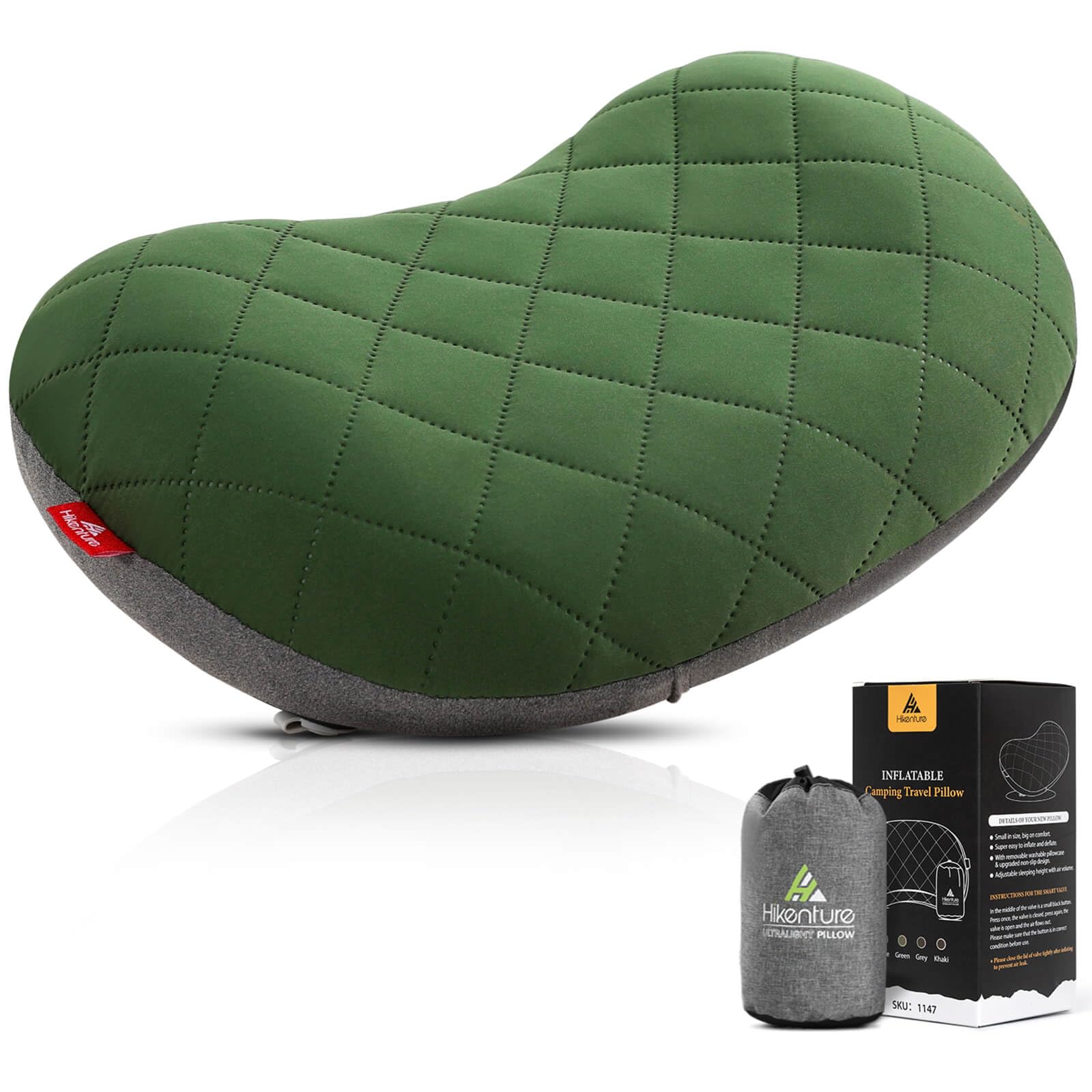 HIKENTURE Camping Pillow-Ultralight Inflatable Pillow with Removable Cover-Comfortable Ergonomic Blow Up Pillow - Compressible Beach Pillow-Air Travel Pillow for Neck & Lumbar Support（Green）