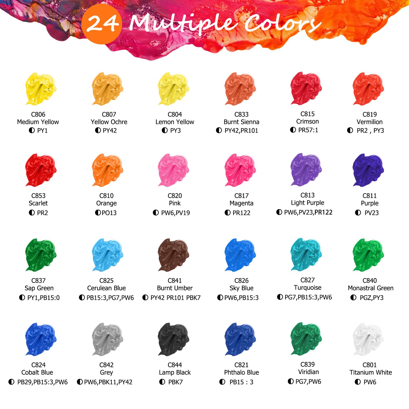 Caliart Caliart 24 Colors Acrylic Paint Set with 12 Brushes, Art Craft Paints Gifts Trendy Stuff for Adults Artists, Halloween Pumpkin Canvas Ceramic Rock Eggs Painting Kit Art Supplies