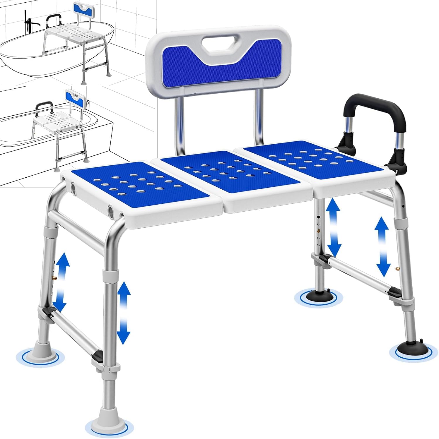 Heavy Duty Width Adjustable Bath Tub Transfer Shower Bench for Inside Tub Extended Shower Chair with Adjustable Height and Reversible Backrest Handicap Shower Chair Seat for Elderly and Disabled