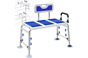 Heavy Duty Width Adjustable Bath Tub Transfer Shower Bench for Inside Tub Extended Shower Chair with Adjustable Height and Reversible Backrest Handicap Shower Chair Seat for Elderly and Disabled
