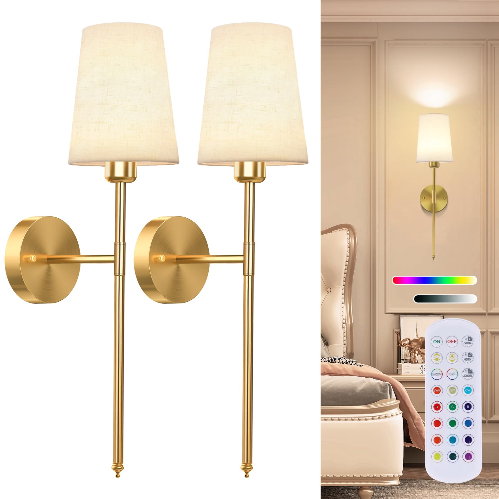 Photo 1 of 10000mAh Battery Operated Wall Sconces Set of Two, Wireless Gold Wall Sconce with Rechargeable Bulbs and Remote,15 Colors & Dimmable,Gold Sconces Wall Decor Set of 2 for Bedroom Living Room 25.7 in