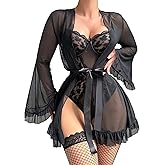 Avidlove Women Sexy Lingerie Set 2 Piece Sheer Kimono Robe with Lace Teddy Lingerie Bodysuit