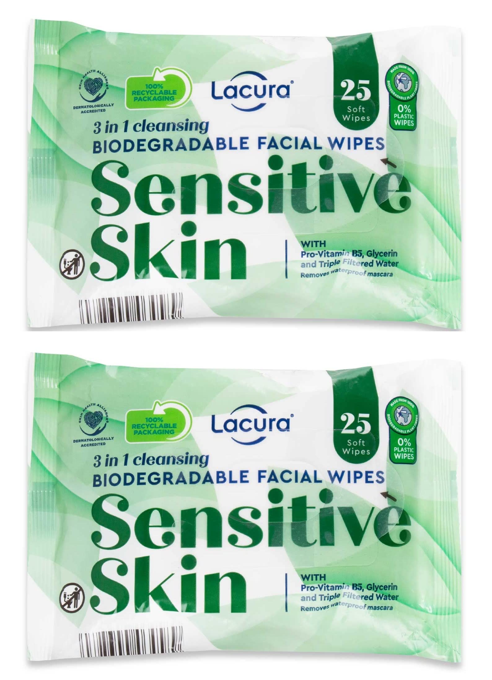 Lacura 3 In 1 Biodegradable Cleansing Facial Wipes For Sensitive Skin, Makeup Removal Wipes with Pro-Vitamin B5, 2 Packs (50 wipes in total)