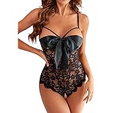 Donnalla Women Sexy Bodysuit Self Knot Front Floral Lace Teddy One Piece Babydoll Naughty Lingerie