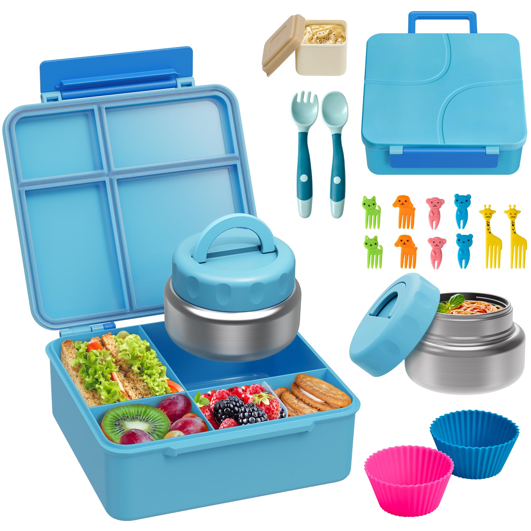 Photo 1 of Bento Lunch Box with 9.5 oz Soup Thermo, Kids Leakproof 4 Compartments Bento Box with Silicone Cupcake,Fruit Fork,Spoon and Sauce Cup,Insulated Food Jar for School Travel-Blue