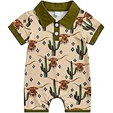 Lesimsam Newborn Baby Boy Western Clothes Cow/Horse Print Romper Jumpsuit Short Sleeve Button Up Collared Bodysuit Outfit