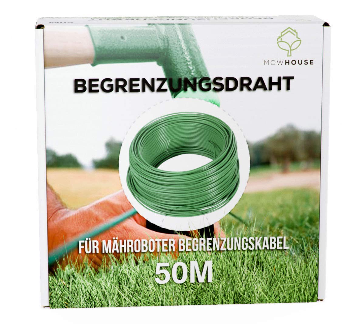 MOWHOUSE Robotic Lawnmower Boundary Cable Wire - Universal Perimeter Cables for Automatic Mower - DIY Garden Improvement Tools - Box with Roll Off Aid - 164.04 Ft. (50 Meters), 2.7mm Diameter - Green — image 1