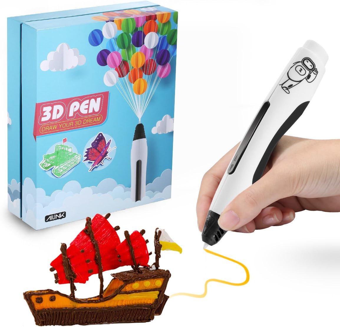 Ailink 3D Printing Pen, 20 PCS Non-Toxic 1.75mm PCL Filament +1 Small Drawing Board + 1 Small Shovel + 2 Finger Cot Arts Crafts DIY Gift (White)