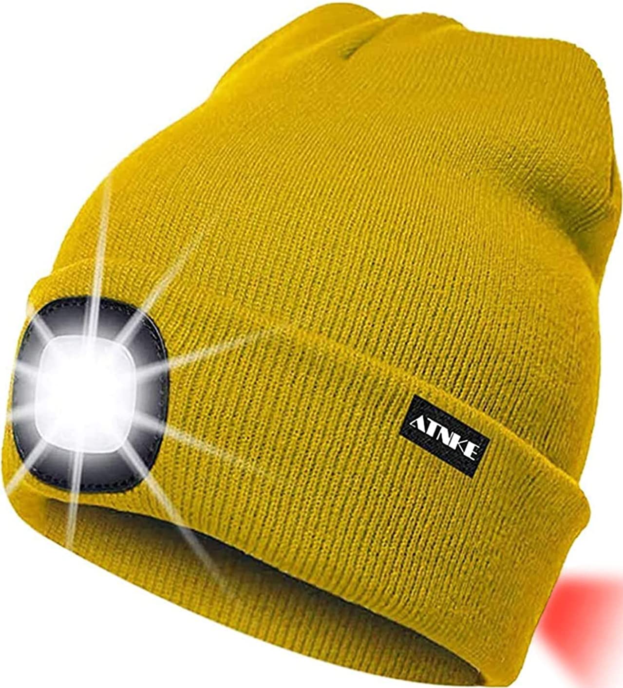 ATNKE 8LED Lighted Knit Hat,USB Rechargeable Running Headlamp Cap Ultra Bright Waterproof Light Lamp and Flashing Alarm Red Tail Light Multi-Color/Yellow