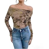 Women’s Off Shoulder Lace Ruched Tops Long Sleeve Slim Fit Blouses Shirts 2026 Going Out T-Shirt