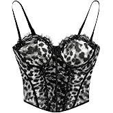 Verdusa Women's Lace Leopard Print Crop Corset Tops Rave Club Date Night Camisole Tops Festival Outfits