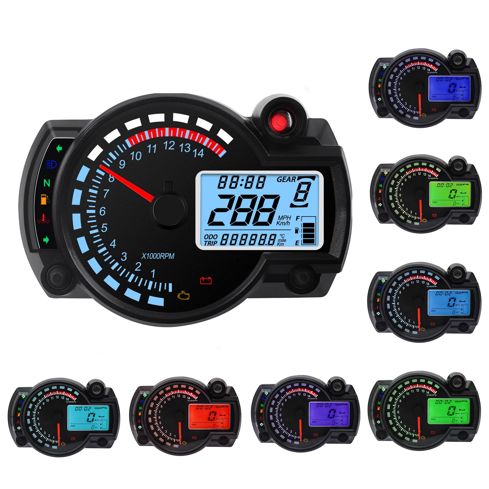 Geloo 14000RPM Motorbike Speedometer, Universal LCD Digital Motorcycle RX2N Odometer Speedometer Meter Instrument Adjustable,Odometer Tachometer with Speed Sensor 0-299 KM/H 7 Colors Backlight