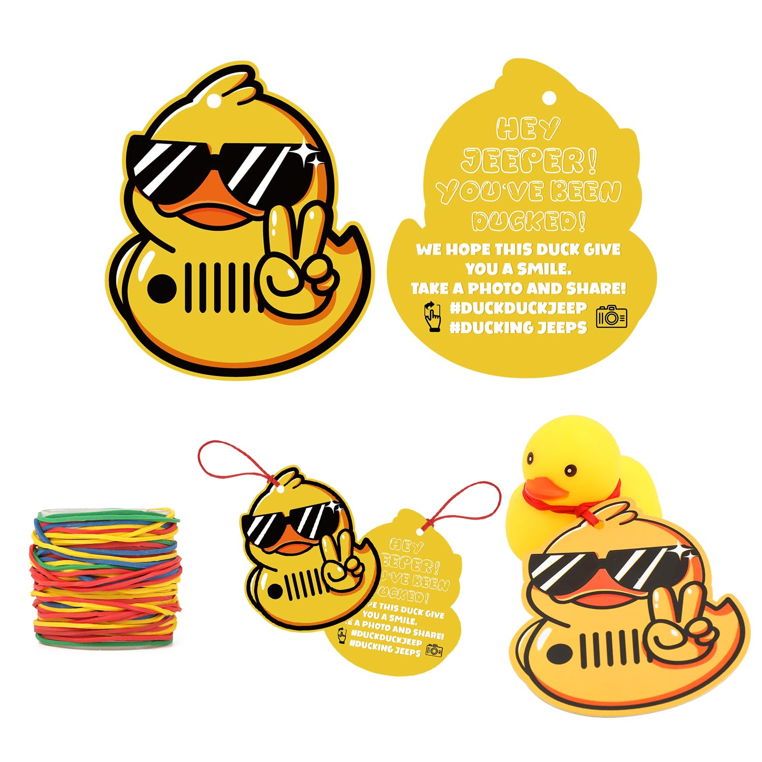 Luter 60pcs Duck Tags - Funny Jeep Tags with Round Hole and 60 Colorful Rubber Bands