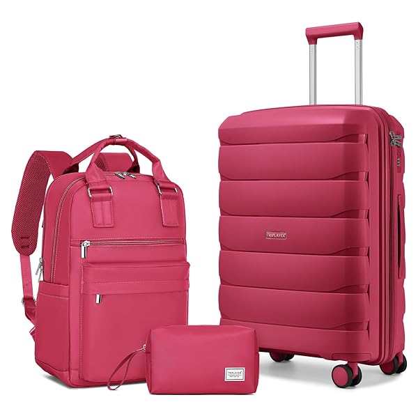 TRIPLAYER CARRY ON LUGGAGE 22X14X9 AIRLINE APPROVED, 22 INCH PP HARDSHELL LUGGAGE CARRY-ON SUITCASE WITH SPINNER WHEELS, CARRY ON SUITCASE SET FOR WOMEN(ROSE RED)
