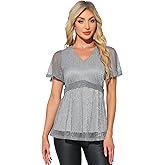 Allegra K Sparkly Blouse for Women's Short Sleeves V Neck Peplum Sparkle Glitter Party Club Top