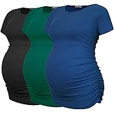 Smallshow Women's Maternity Shirts Ribbed Ruched Pregnancy Clothes Tops 3 Packs
